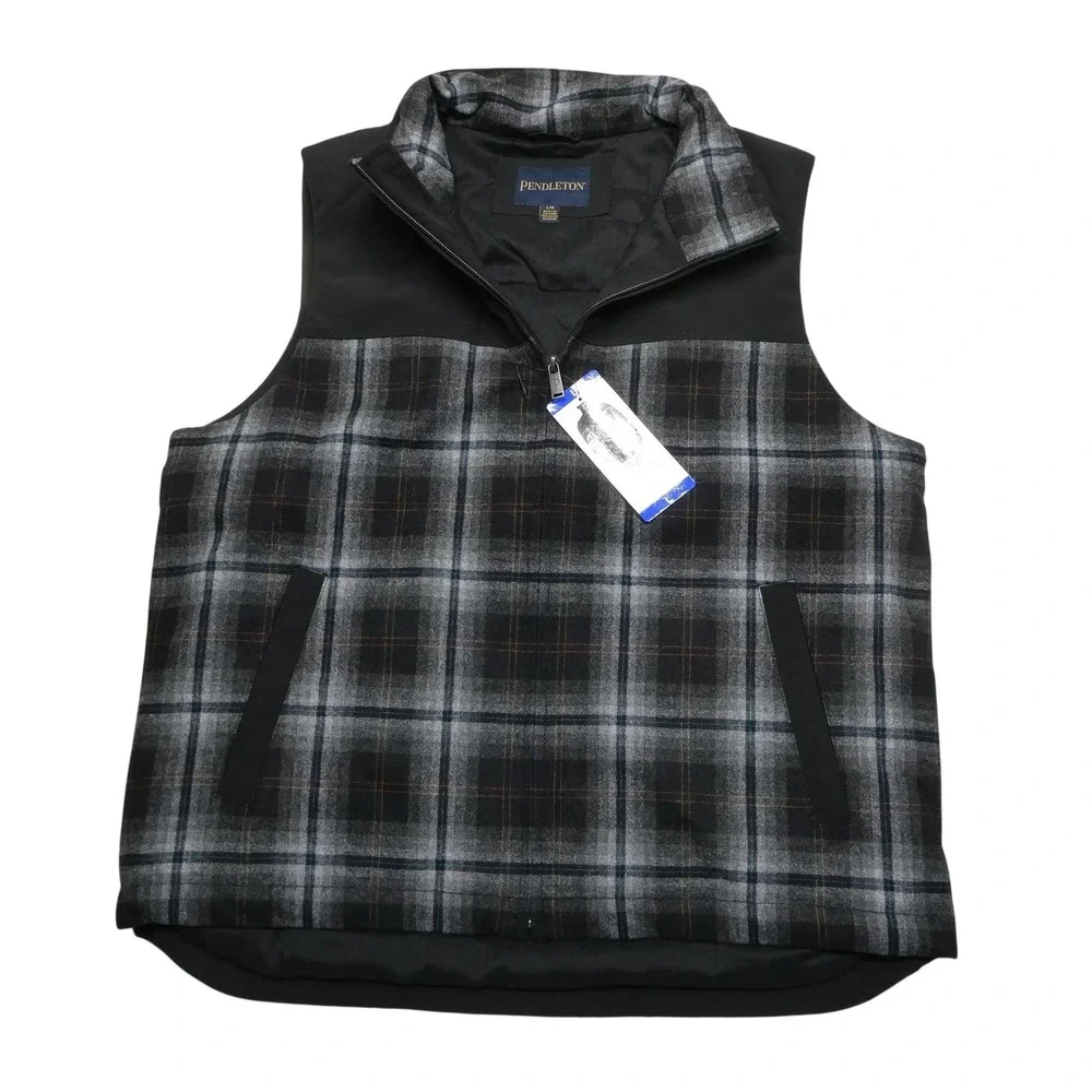 Pendleton Vest Mens Large Black Plaid Wool Quilted Full Zip Insulated Outdoor